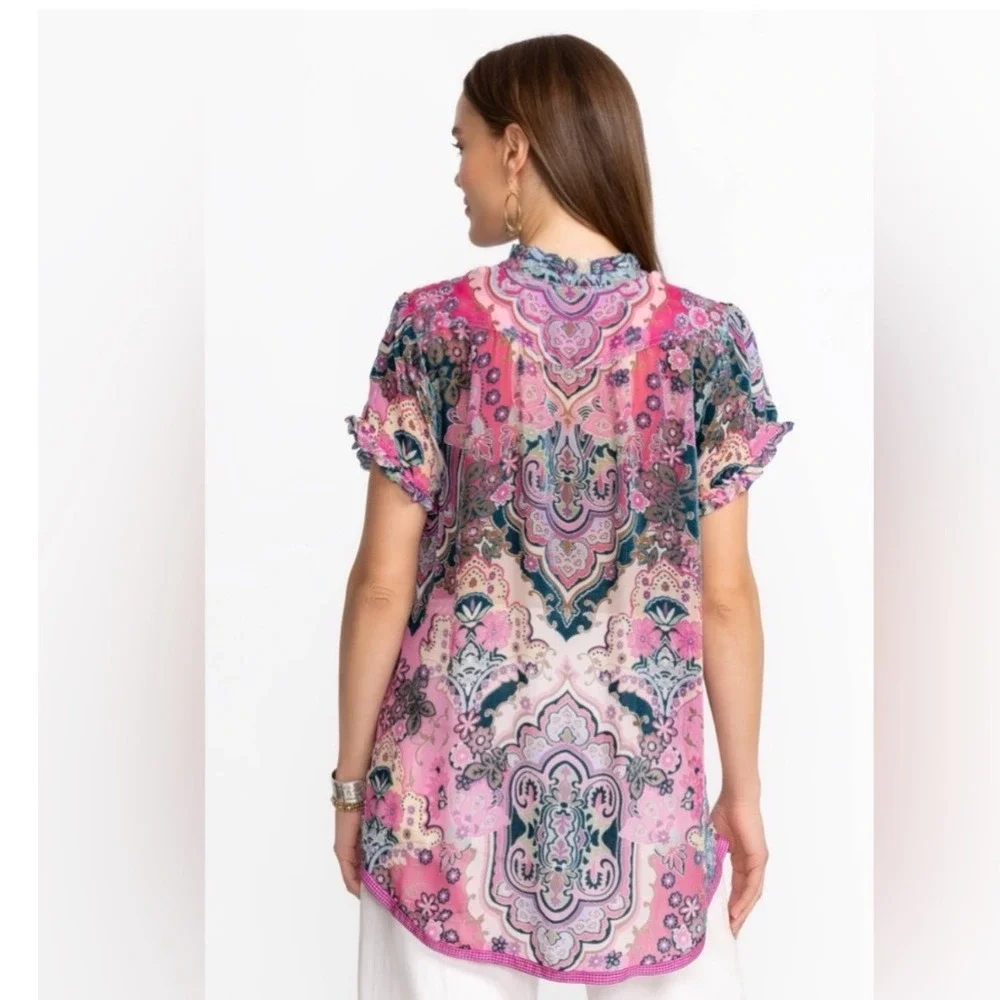 JOHNNY WAS Zoli Tape Hem Burnout Tunic silk-blend Button Down Size XS‎